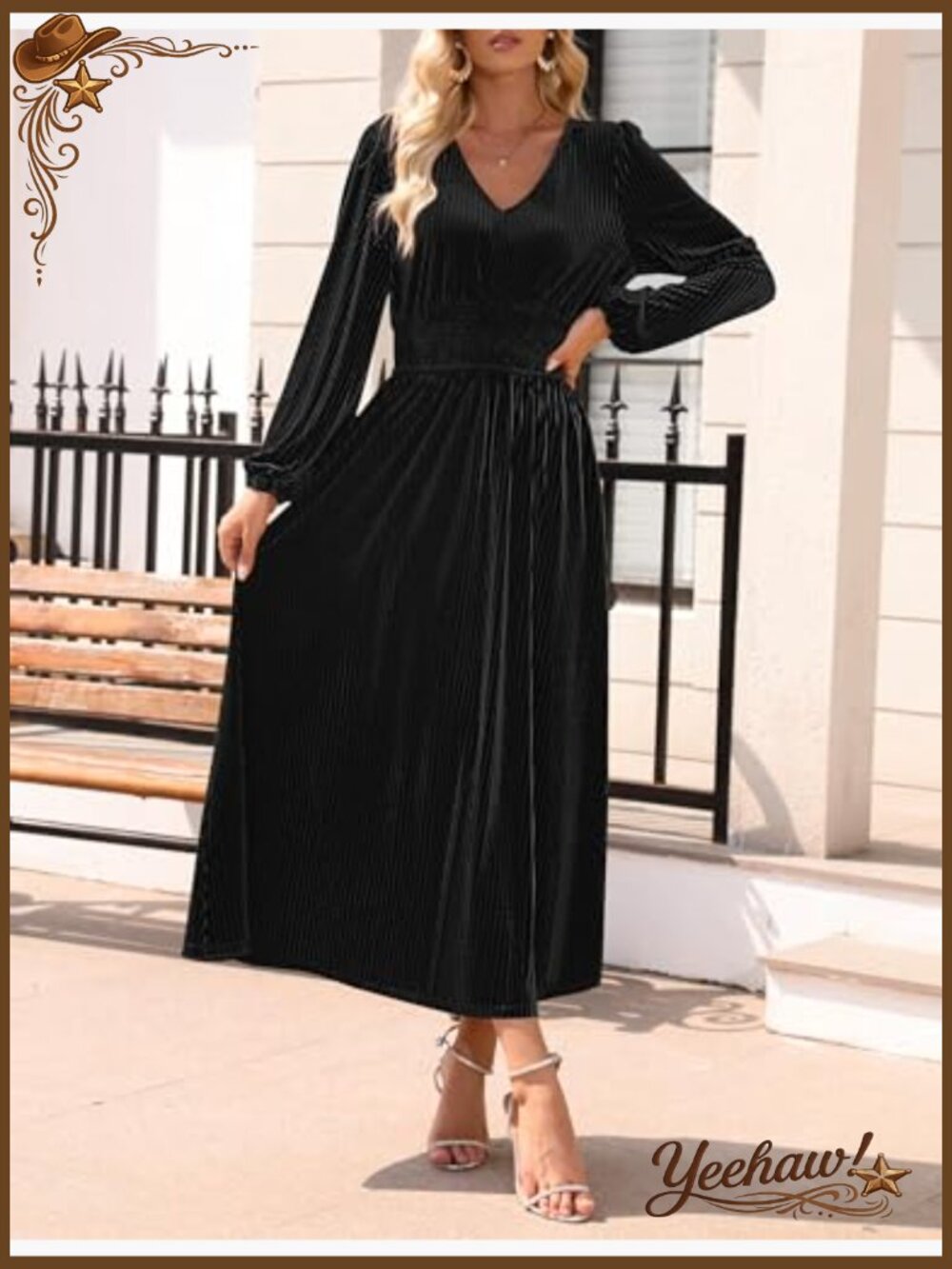 Velvet Midi Dress Long Sleeve V Neck Elastic Waist Flowy Formal Evening - Picture 4 of 7